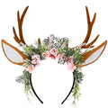 MOSTORY Handmade Antler Headband with Flowers & Ears - Brown-Pink Variation