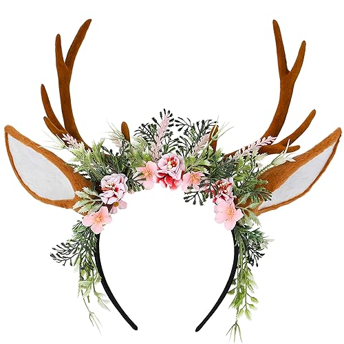 MOSTORY Handmade Antler Headband with Flowers & Ears - Brown-Pink Variation