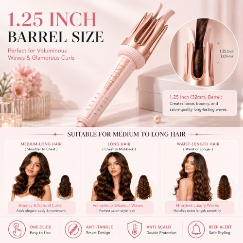 Automatic Hair Curling Iron 1.25 Inch for Beach Waves, 5 Temp Settings, Dual Voltage