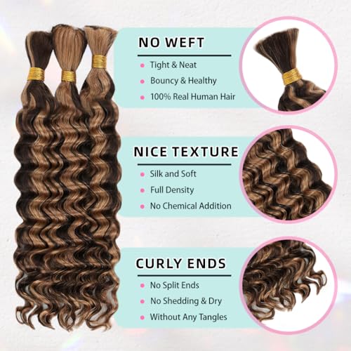 Deep Wave Human Braiding Hair - Highlight Balayage #4P27, 12 Inch, 50g, No Weft, Curly Extensions