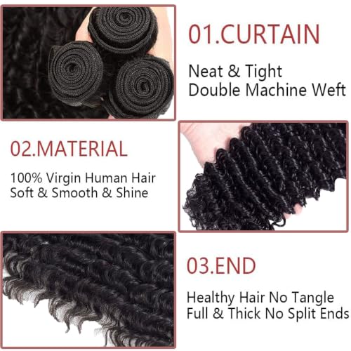 Ubinica 3-Pack Deep Wave Human Hair Bundles 8-12 Inch Natural Black 300g #1B