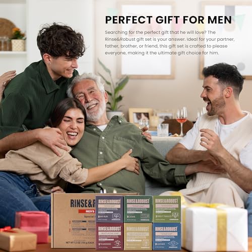 Rinse & Robust 6x5.3 oz Men's Natural Bar Soap Gift Set – 6 Scents Exfoliating & Moisturizing