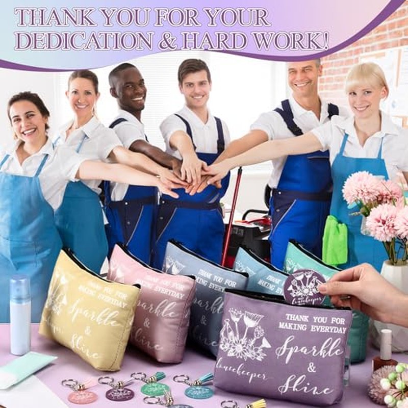 12 Sets Housekeeping Week Appreciation Gifts Housekeepers Cleaning Canvas Makeup Bag Inspirational Mirror Best Housekeeper Ever Keychain Thank You Gift for Team Employee Coworker Cleaner