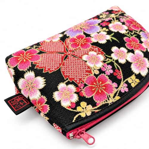 Small Traditional Edo Komon Makeup Bag with Cherry Blossom Design - Black Pink, Made in Japan
