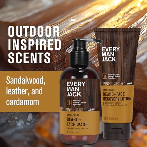 Every Man Jack Men's Beard + Face Wash & Scruff Face Lotion Set - Subtle Sandalwood Scent - Naturally Cleanse, Hydrate, and Soothe Your Beard & Skin