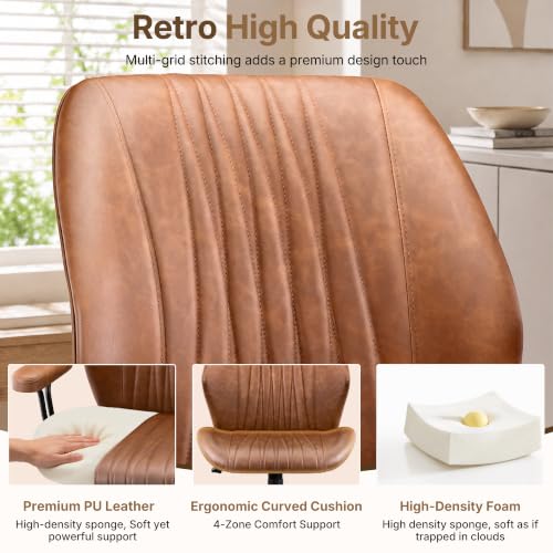 Brown Leather Office Chair - Ergonomic Executive Home Desk Chair with Removable Armrests