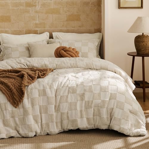 California King Comforter Set - Beige Plaid Boho Bedding with Tufted Checkboard Pattern, 3 Pieces
