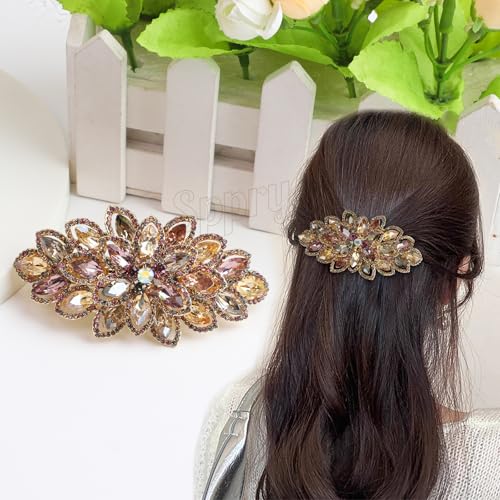 Large Gold-Plated Rhinestone Hair Barrette - Colorful Floral Style, 3.5 Inch - Variation: Colorful