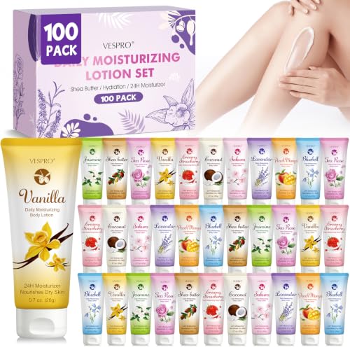 100 Pack Mini Body Lotion Gift Set for Dry Skin - Fragrance Assortment with Shea & Vitamin E - Travel Size Moisturizers - Variation: Body Lotion Set