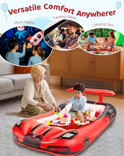 Red Inflatable Toddler Travel Bed with Safety Bumpers & Auto Pump