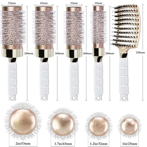 Ceramic Round Blowout & Boar Bristle Hair Brush Set for Styling & Detangling