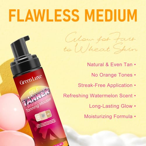 Self Tanner Mousse Mitt Kit ? Sunless Tanning Foam with Hyaluronic Acid for Hydrating - Flawless & Streak-Free Fake Tan Mousse, Watermelon Scent Medium Glow 6.76 fl. oz