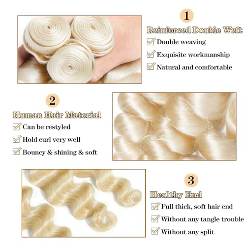 Blonde Human Hair Extensions Loose Wave Bundles - 14, 16, 18 Inch, 50g Each, Virgin Brazilian Hair, Variation #613/L