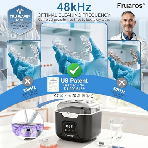 Ultrasonic Retainer Cleaner Machine Black 48kHz with UV & 4 Modes for Dentures, Mouth Guards & Jewelry