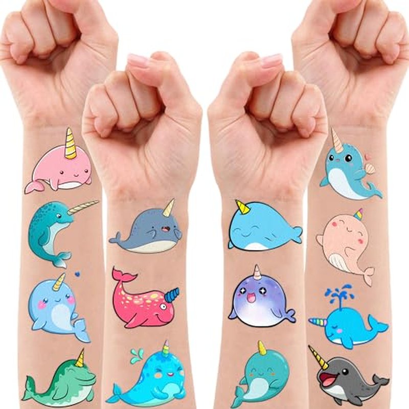 107 PCS Cute Narwhal Temporary Tattoos Themed Birthday Party Supplies Decorations Favors Decor Under The Sea Baby Tattoo Stickers Gifts For Boys Girls Class Prizes Carnival