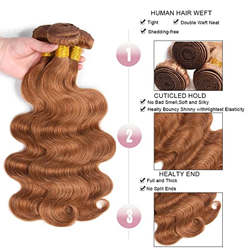 Human Hair Body Wave Bundles - Light Brown #30, 3 Pack 50g