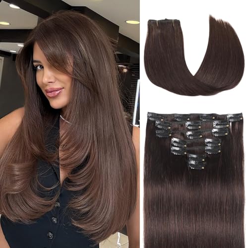 Dark Brown Clip in Hair Extensions 7 Pcs 120g 24 Inch Human Hair Voluminous