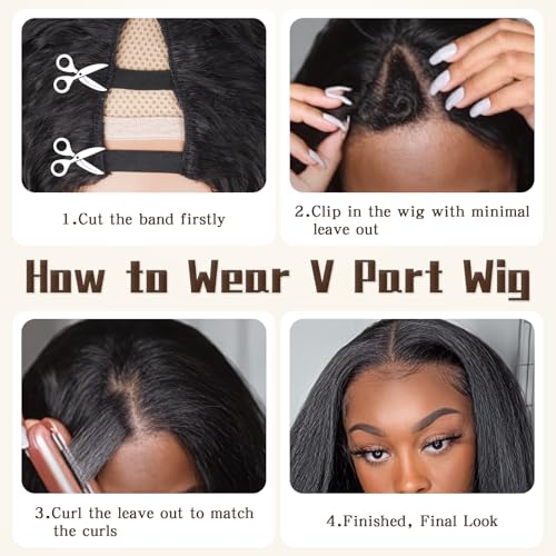 Suntefic Afro Curly V Part Wig 22 Inch Black Synthetic Hair, 180% Density