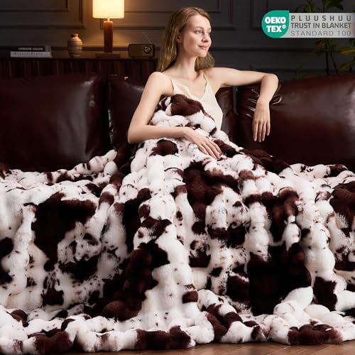 PLUUSHUU Cow Print Brown Faux Fur Throw Blanket 108x90 Inch for Couch & Bedroom