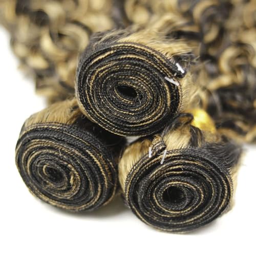 Kinky Curly Human Hair Bundles Blonde Highlight 16 Inch Virgin Hair Extensions - P1B27