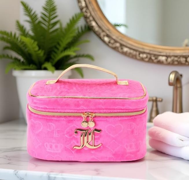 Pink Makeup Bag with Velour Train Case and Heart Crown
