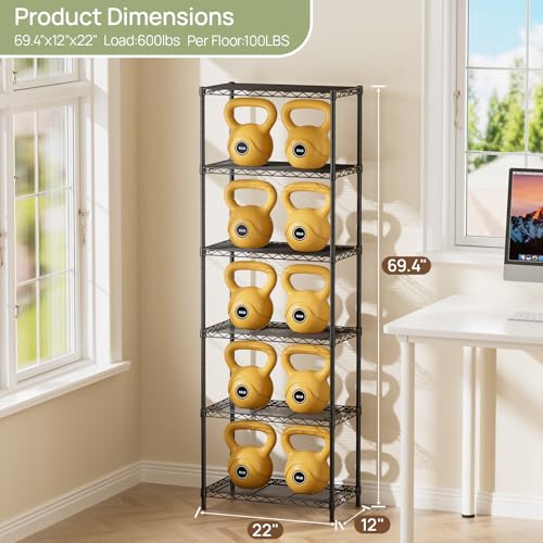 6-Tier Adjustable Metal Wire Shelving Unit - Black, 12"D x 22"W x 69"H