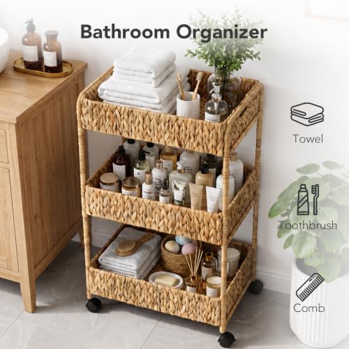 Water Hyacinth 3-Tier Rolling Cart with Wheels - Natural Brown & Black, Nursery & Home Storage