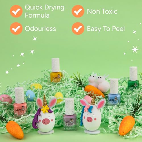 MISS NELLA SPRING IT ON 5 Varnish Pack- Blue Bell- blue, Butterfly Wings- lilac, Cheeky Bunny- pink, Honey Twinkles- yellow, Kiss The Frog- green, Peel Off kids nail polish