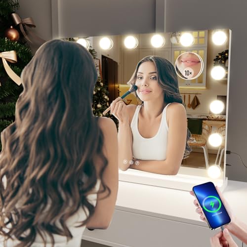 Vanity Mirror with Lights Lighted Makeup Mirror with 15 Dimmable LED Bulbs,3 Color Lighting Modes,USB Charging Port Touch Control,Sturdy Metal Frame Design 24x18 Inch,White