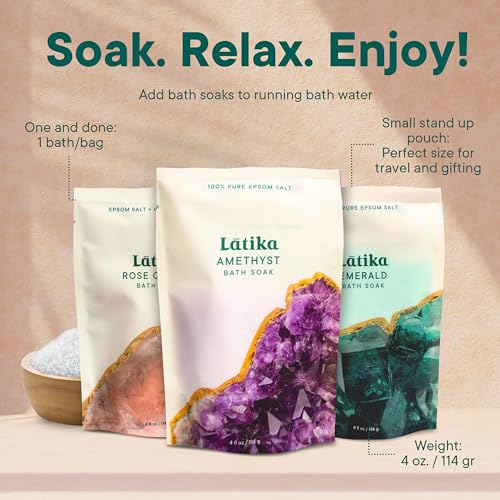 Latika Geode Bath Salts Set - 4 Ounce Pack of 3 with Essential Oils, Stress & Muscle Relief
