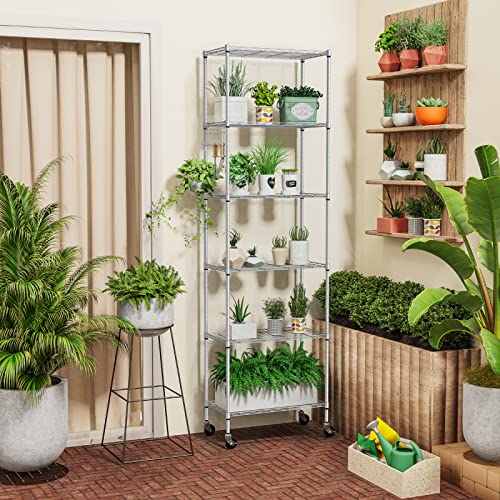 6-Tier Wire Storage Shelf with Casters and Side Hooks - 21.26 x 11.42 x 72.05 Inch, Silver Gray