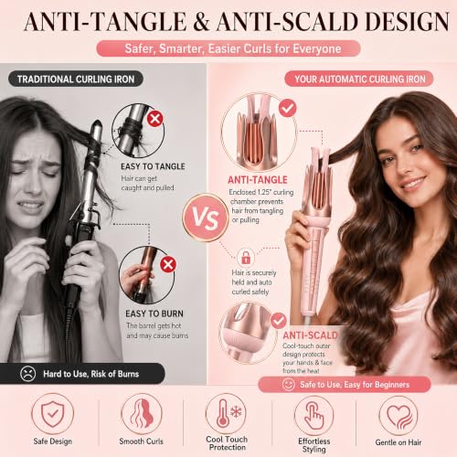 Automatic Hair Curling Iron 1.25 Inch for Beach Waves, 5 Temp Settings, Dual Voltage