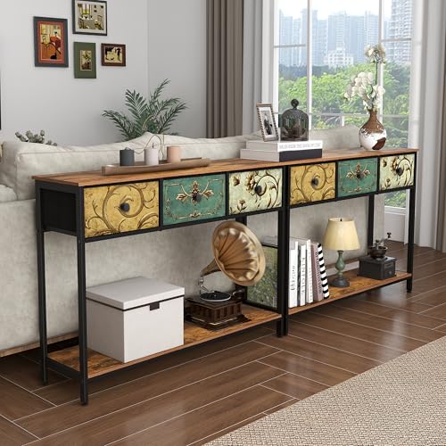 Entryway Console Table with Retro Flower Fabric Drawers and Open Shelf - Narrow Sofa Table for Hallway Living Room Foyer - Variation: Retro Flower / 3 Drawers