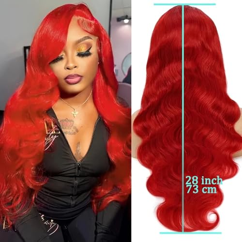 Red Lace Front Wig 13x4 HD Transparent Swiss Lace Body Wave 26 Inch Pre-Plucked Glueless Synthetic Hair for Black Women - Bright Red