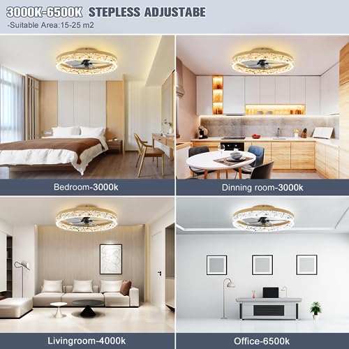 19.7 Inch Gold Ceiling Fan with Lights and Remote - Dimmable, Low Profile Flush Mount, Modern Ceiling Fan for Bedroom Living Room Kitchen