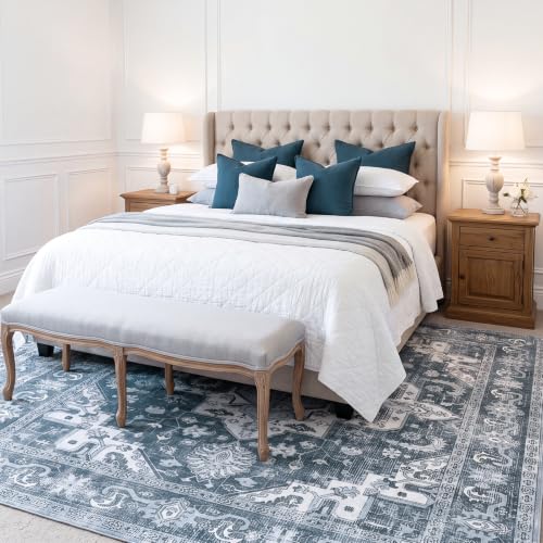 Blue Washable 8x10 Area Rug for Living Room Non-Slip Vintage Boho Style