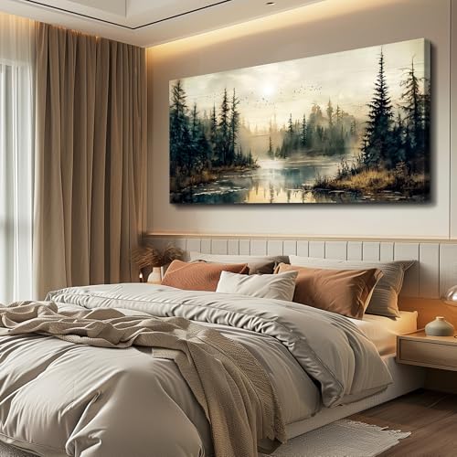 FUHAIHUA Forest River Wall Art Canvas - 48x24 Inch Modern Landscape Decor