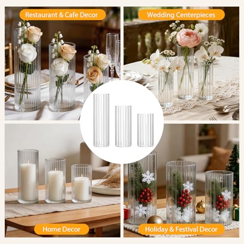 Trxvxo 24 Pcs Ribbed Glass Vases & Hurricane Holders - 2.5" Wide, 5/6/8" Heights