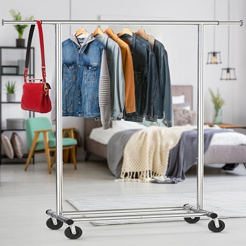Heavy Duty Chrome Garment Rack - Extendable Clothing Organizer with Swivel Casters