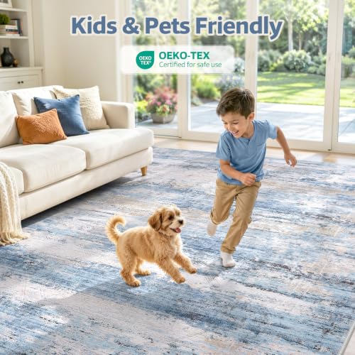 Large Washable 8x10 Area Rug for Living Room & Bedroom Blue Brown - Non Slip