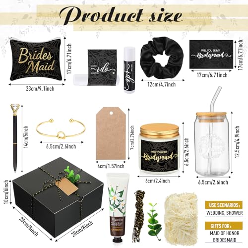 Black Bridesmaid Proposal Gift Set with Glass Cup & Makeup Bag - 14 Pieces