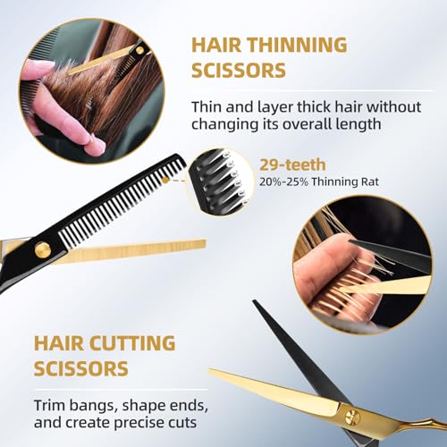 3-Piece Hair Cutting Scissors Set - Black & Gold 6.5" Barber Shears