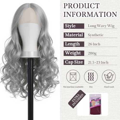 Grey 26 Inch Long Wavy Synthetic Lace Front Wig for Women - Natural Look, Pre-Plucked, Glueless, HD T-Part