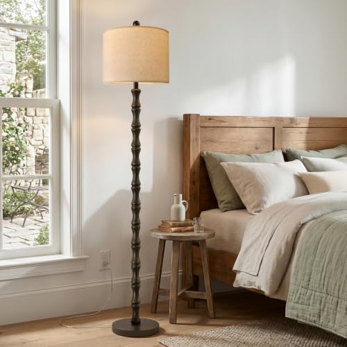 FOFOMOMO 62" Dark Brown Farmhouse Floor Lamp with Linen Shade & Rotary Switch