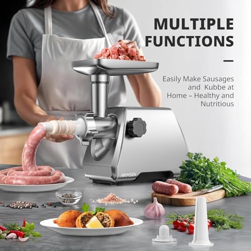 AIRMSEN Medium Electric Meat Grinder & Sausage Maker - Heavy Duty Stainless Steel, 3 Plates, Blades, Kubbe Kit, Quiet Home Kitchen