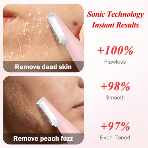 Dermaplane Razor for Women Face, Sonic Dermaplaning Tool for Peach Fuzz, Facial Exfoliation Removal & Eyebrow Trimmer, 12 Refill Coarse & Fine Blades, Rechargeable with LED Light, 3 Speeds, Pink