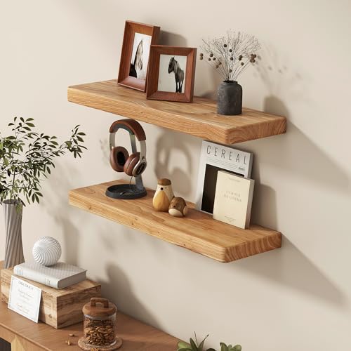 Floating Wall Shelves Set of 2 - 24 Inch Reclaimed Elm Rustic Storage for Kitchen & Bathroom - Variation Elm / 6.7"D x 24"L