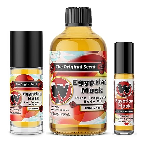 WagsMarket - Egyptian Musk Oil Family Pack (0.33oz Roll On, 1oz Roll On and 4oz Glass Bottle)