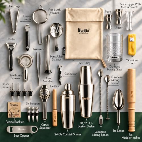 Stainless Steel Cocktail Shaker Set - Pro Edition Bar Tool Kit with Boston Shaker & Muddler - Silver, 32-Piece Home Bar Accessories