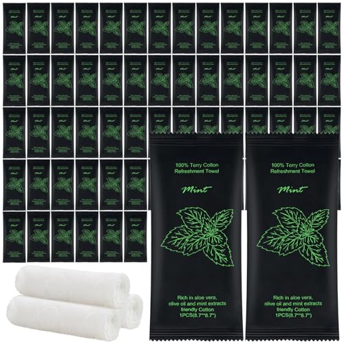 Moist Cotton Towel Bulk Moist Towelettes Individually Wrapped 8.7" x 8.7",White Towel Services,Refreshment Pre Moistened Towels for Travel Sport Party Spa Dentist (1 Count (Pack of 50), Mint)